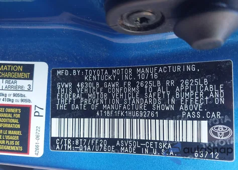 2017 Toyota Camry Se из США, поврежденный, VIN 4T1BF1FK1HU692761